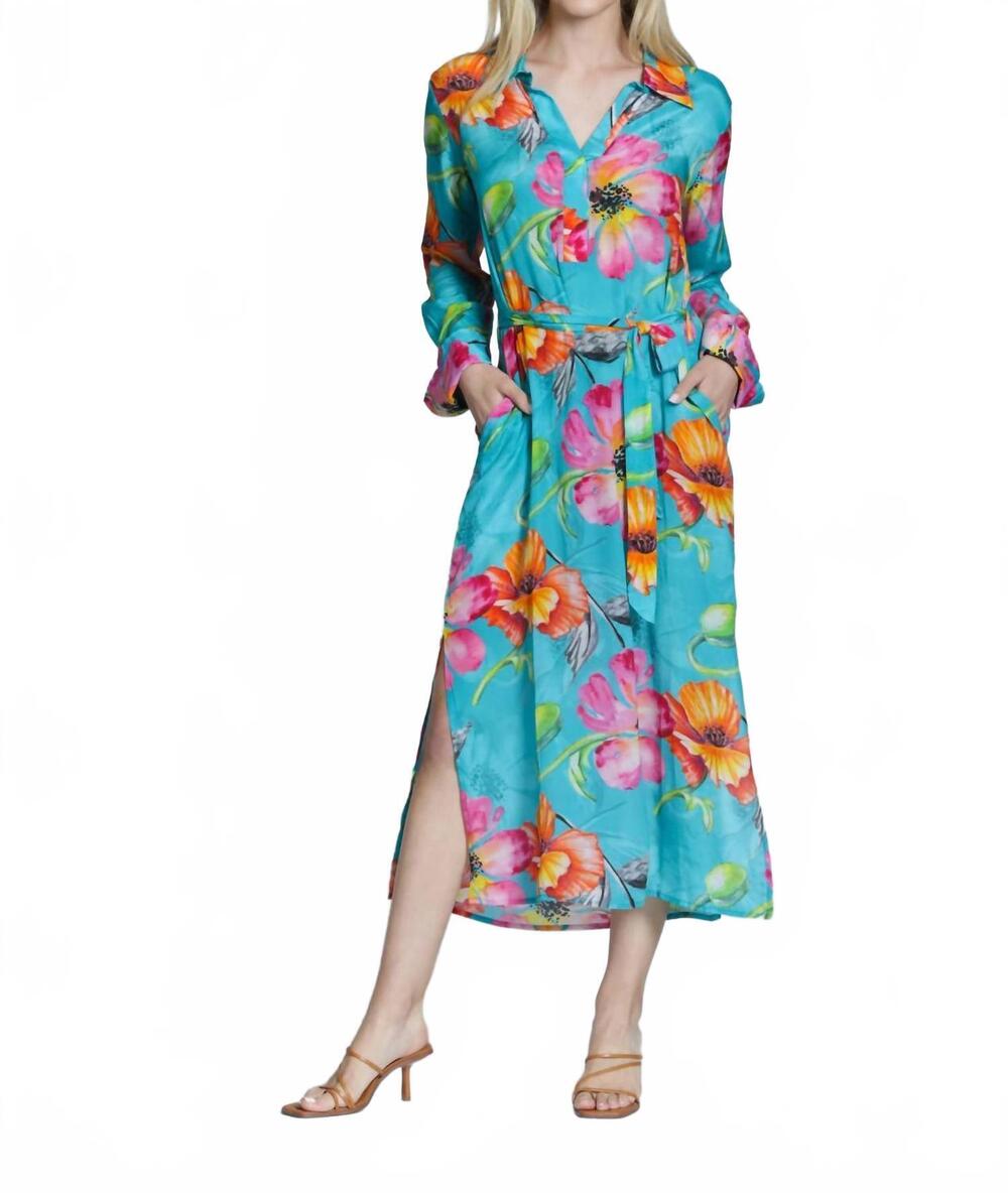 NEW APNY tropical bloom half placket maxi dress in teal multi
